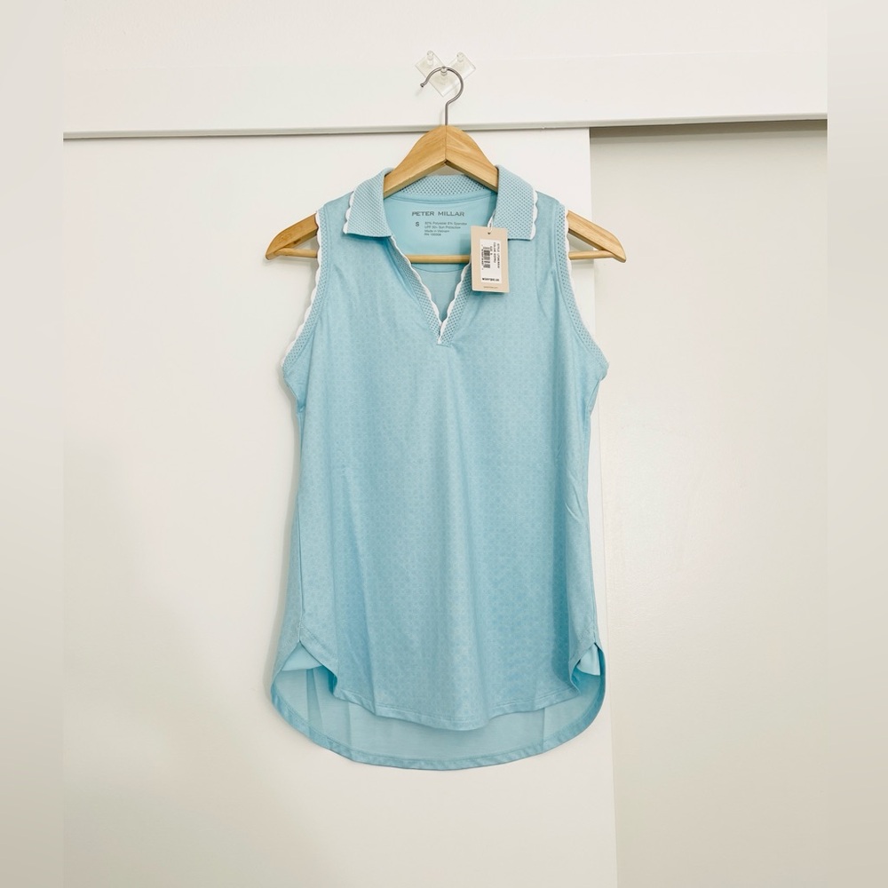NWT Peter Millar Women's Golf Blue Geo Opal Sleeveless Stretch Polo Size Small